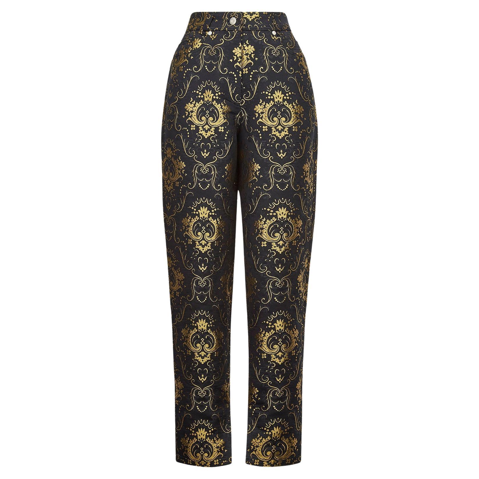 1990s Gianni Versace Couture Black and Gold Baroque Pants For Sale