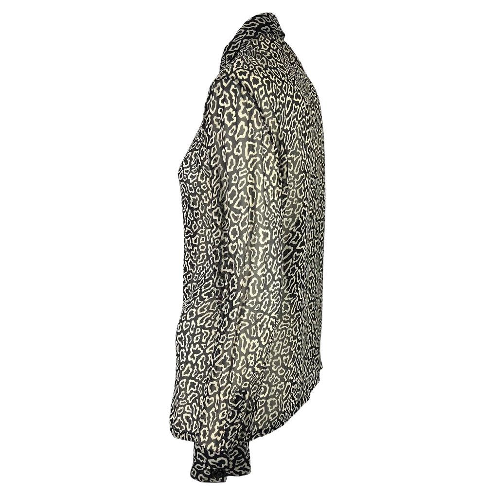 1990s Gianni Versace Couture Black and White Animal Print Sheer Button Down Top  In Good Condition For Sale In West Hollywood, CA