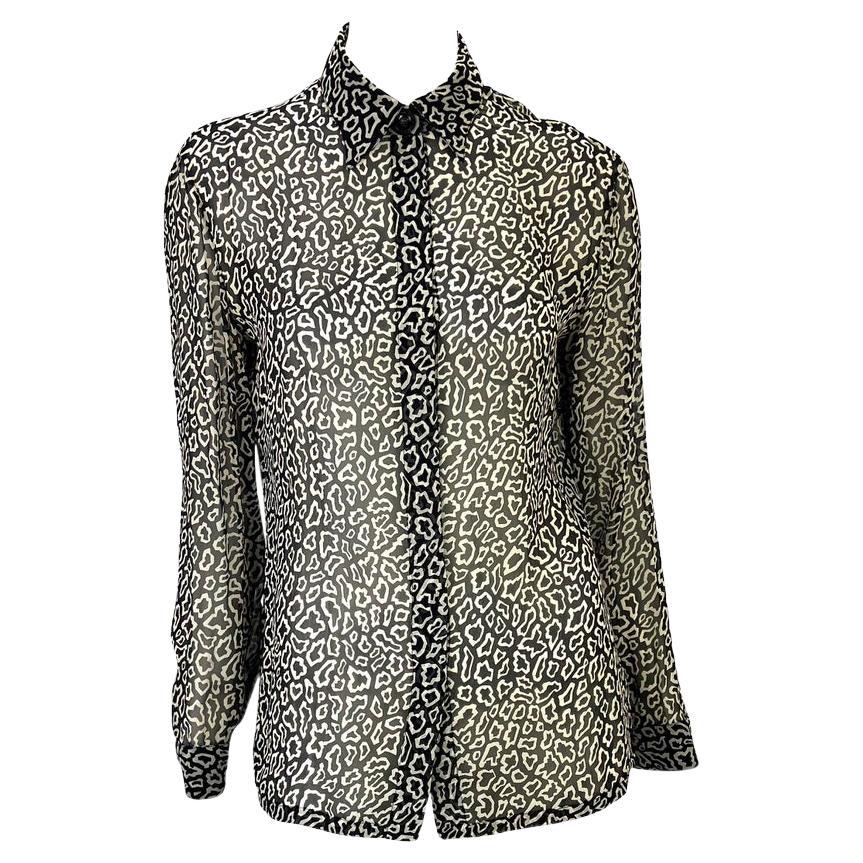 1990s Gianni Versace Couture Black and White Animal Print Sheer Button Down Top  For Sale