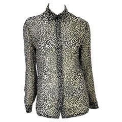 Vintage 1990s Gianni Versace Couture Black and White Animal Print Sheer Button Down Top 