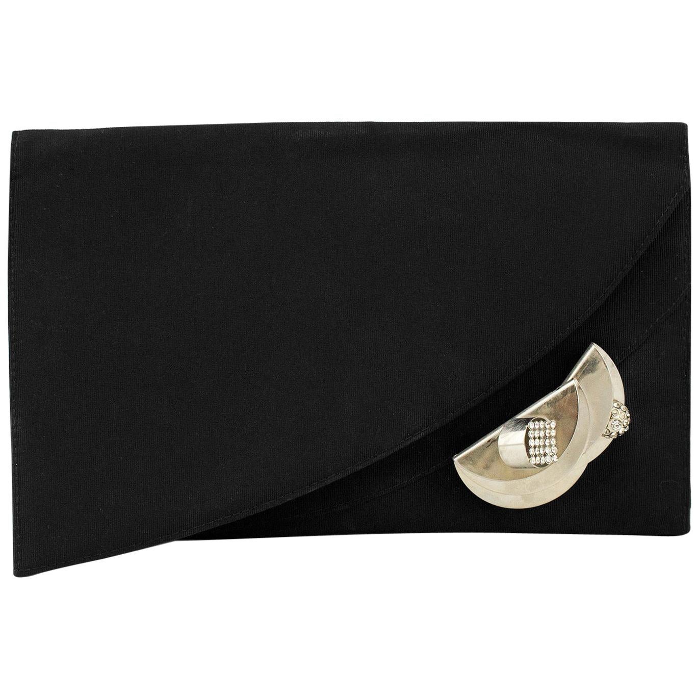 1990s Gianni Versace Couture Black Grosgrain Clutch with Silver Detail 