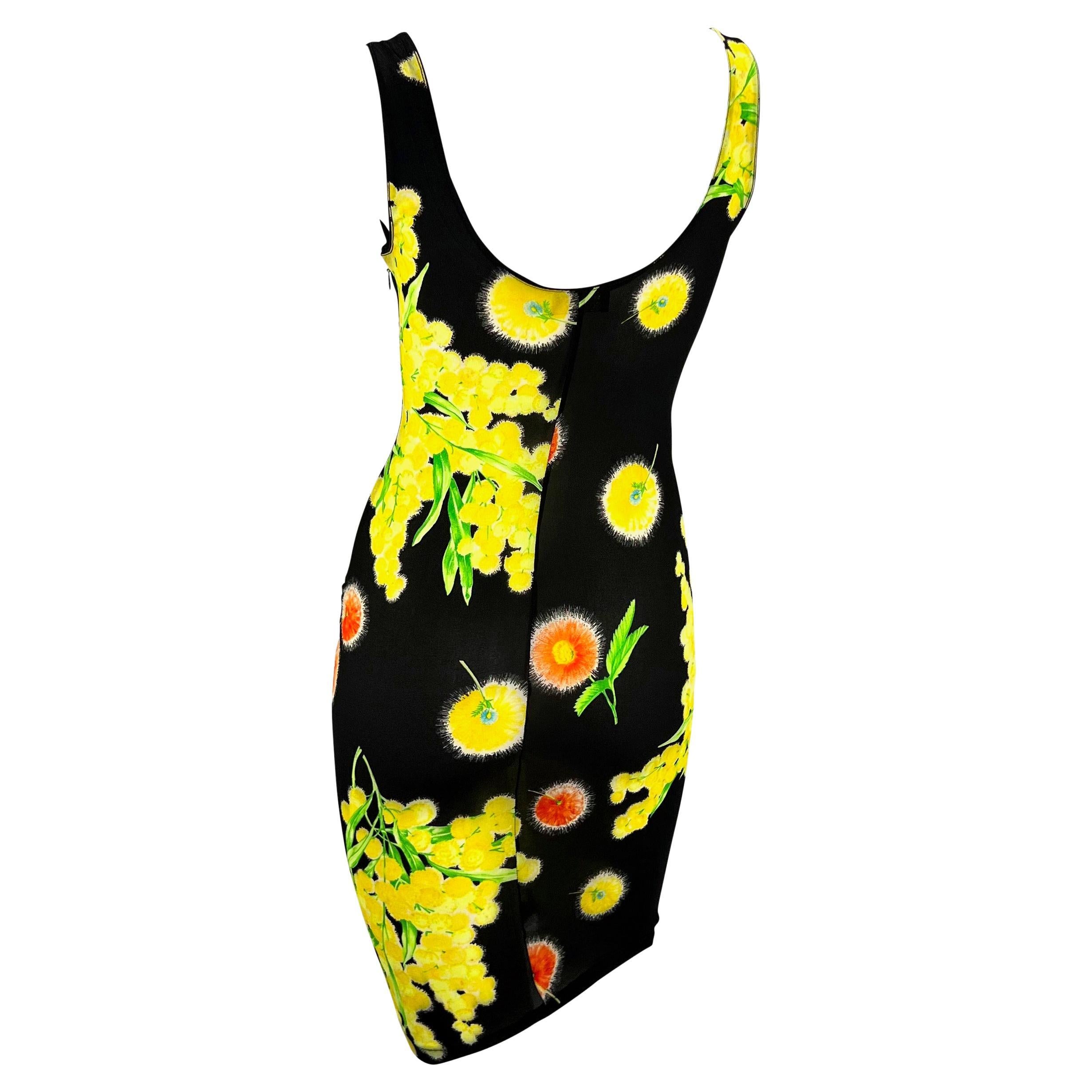 Versace Black Sheer Stretch Sleeveless Yellow Floral Dress In Excellent Condition In West Hollywood, CA