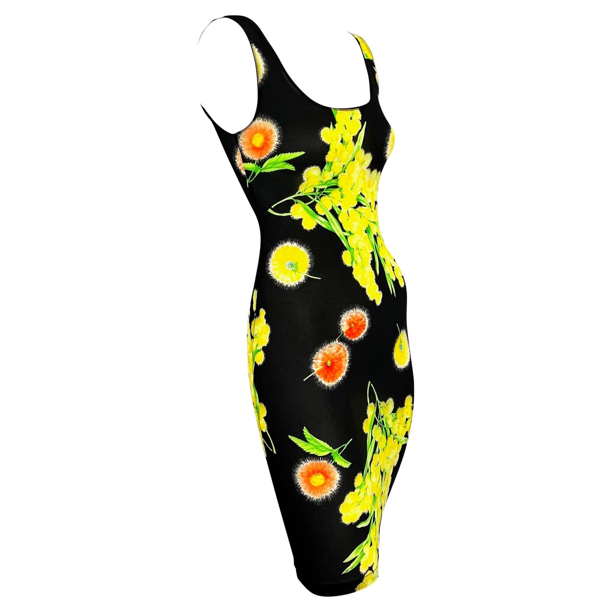 Versace Black Sheer Stretch Sleeveless Yellow Floral Dress 1