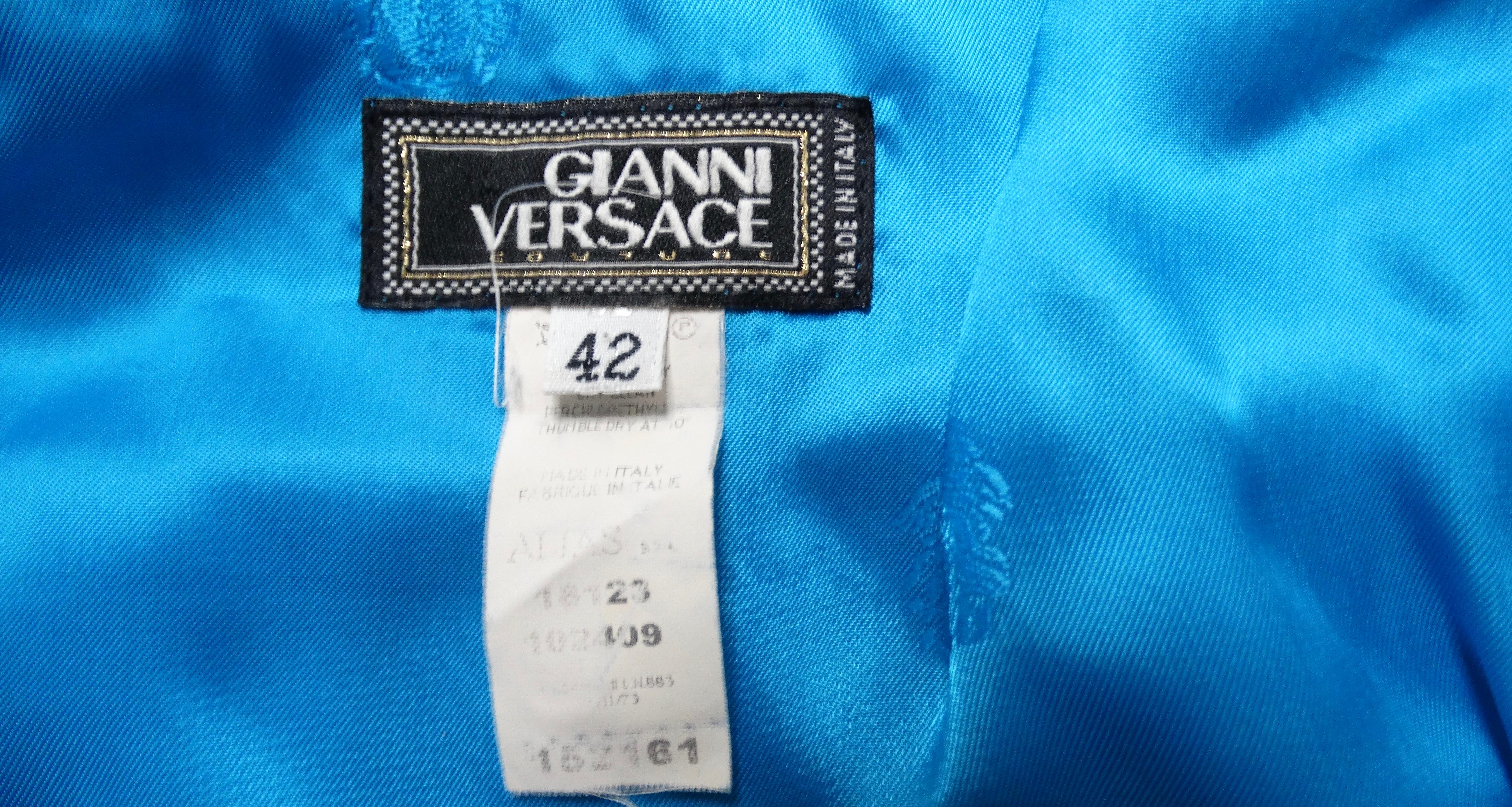 1990s Gianni Versace Couture Bright Blue Silk Top & Skirt Set For Sale 7