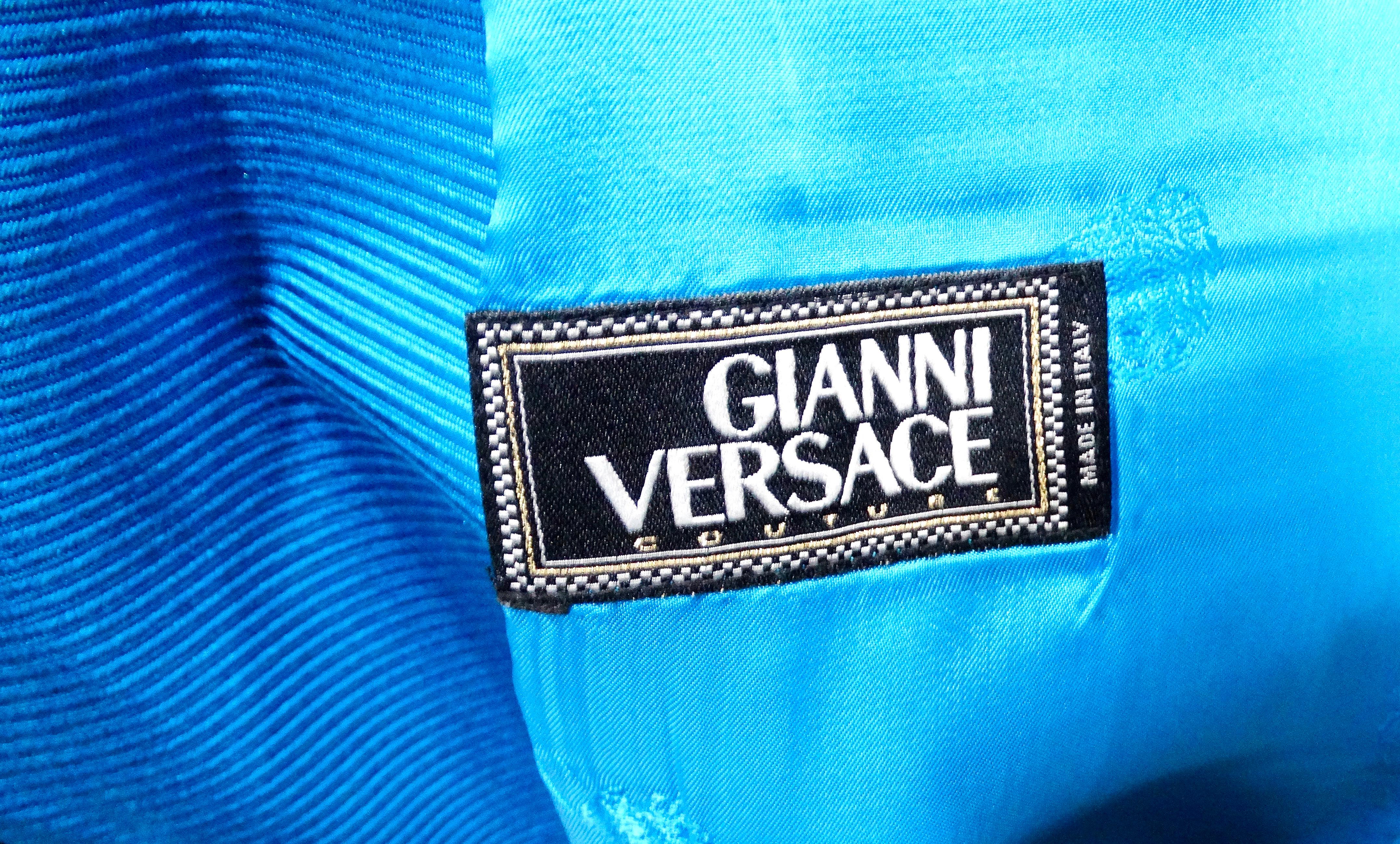 1990s Gianni Versace Couture Bright Blue Silk Top & Skirt Set For Sale 9