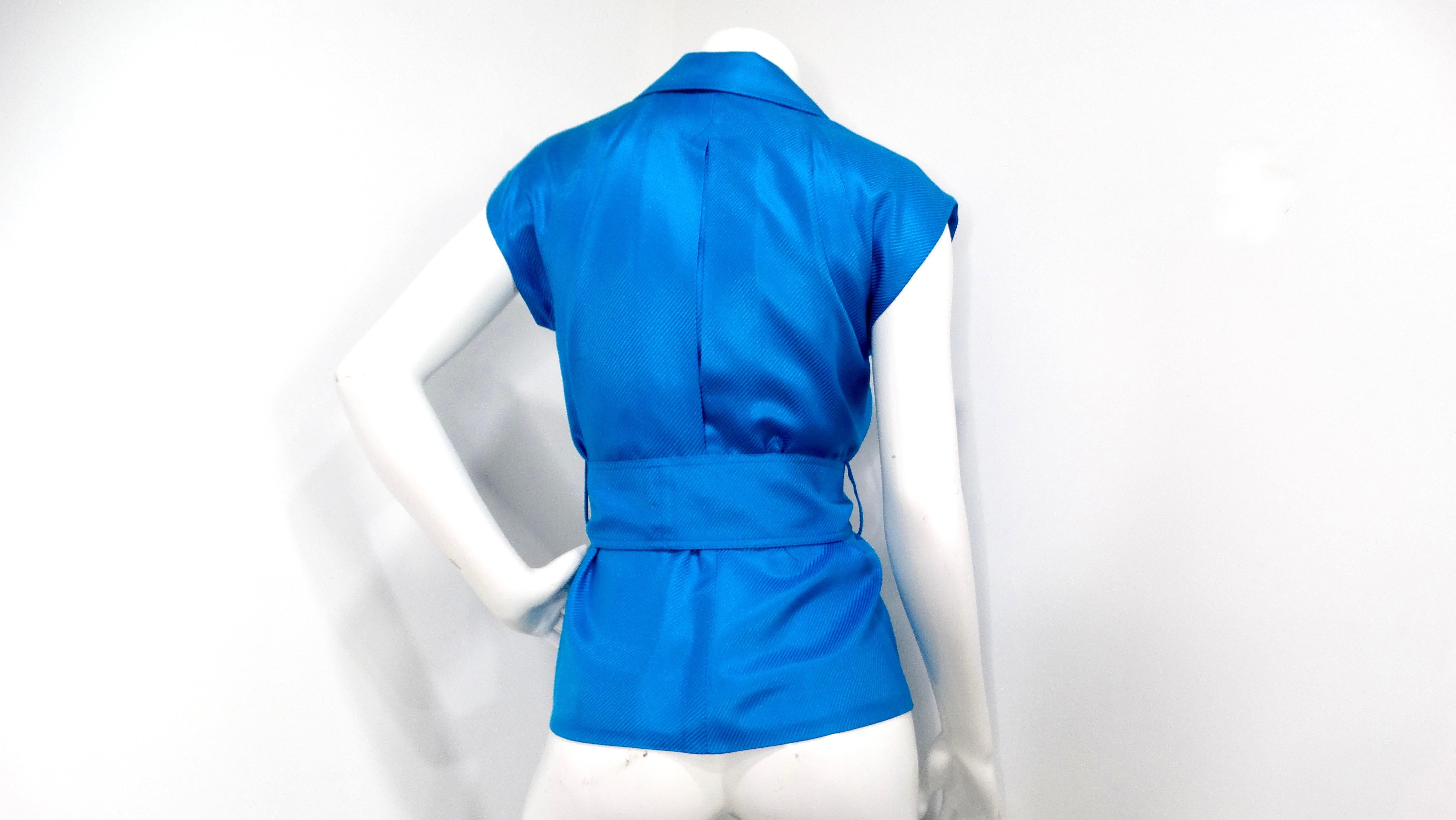 1990s Gianni Versace Couture Bright Blue Silk Top & Skirt Set For Sale 2