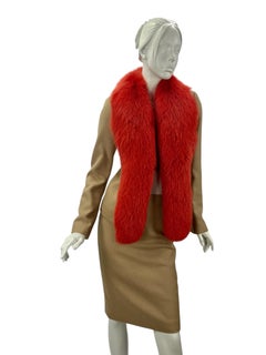 1990s Gianni Versace Couture Camel Skirt Suit with Red Fox Fur and Coral Closure
