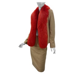 1990s Gianni Versace Couture Camel Skirt Suit with Red Fox Fur and Coral Closure