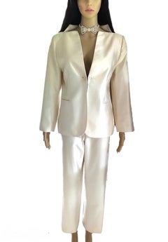 1990's Gianni Versace Couture Cream Silk Shimmer Crystal Jacket Pant Suit 42/ 6