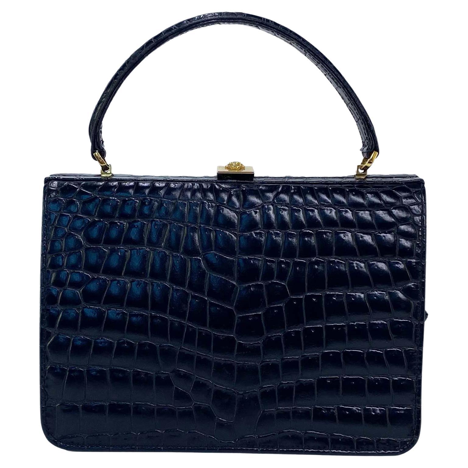 1990s Gianni Versace Couture Embossed Crocodile Black Leather Top Handle Bag 