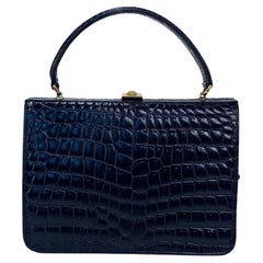 Used 1990s Gianni Versace Couture Embossed Crocodile Black Leather Top Handle Bag 