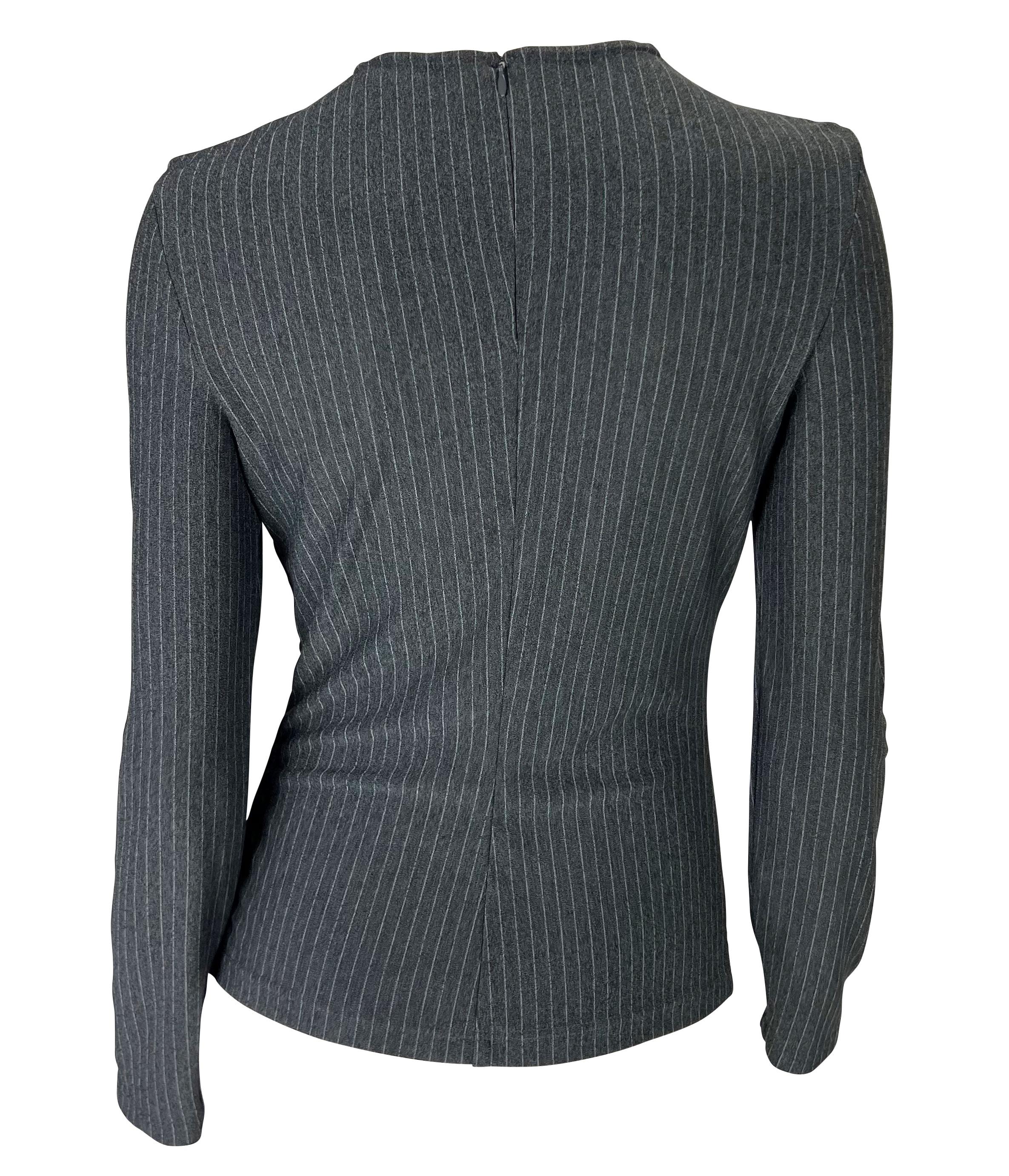 Women's 1990s Gianni Versace Couture Grey Pinstripe Stretch Medusa Blouse For Sale