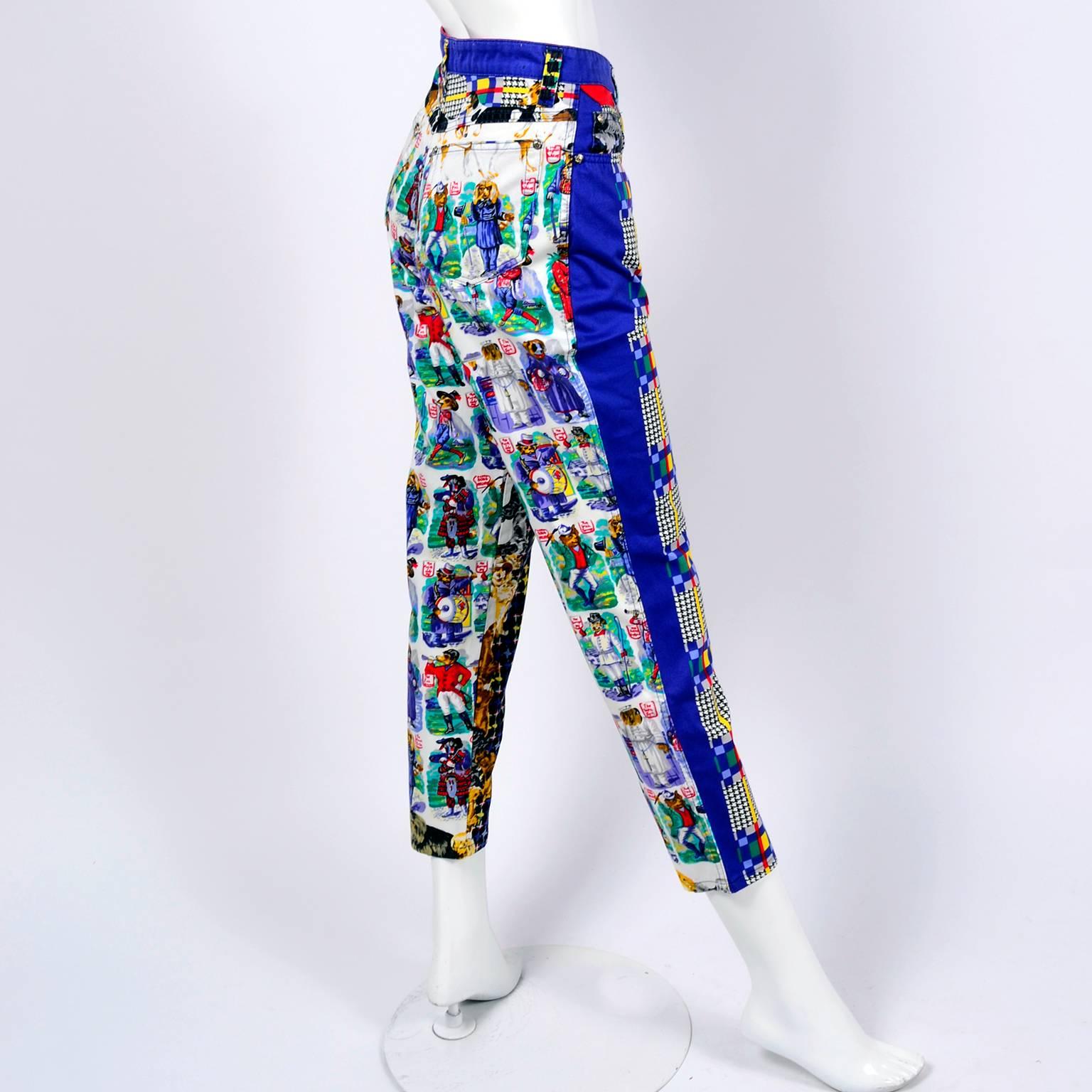 Gianni Versace Couture Houndstooth Plaid Dressed Dogs Novelty Print Jeans, 1990s 7