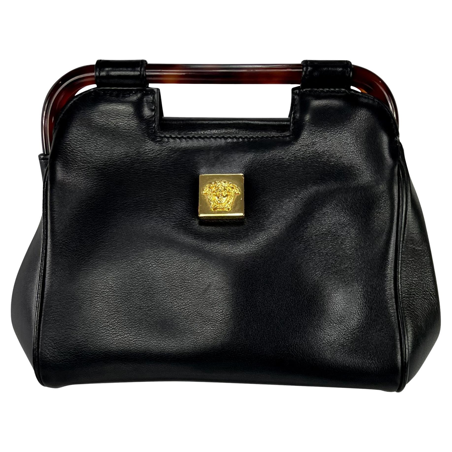 1990s Gianni Versace Couture Leather Medusa Relief Acrylic Frame Handle Mini Bag For Sale