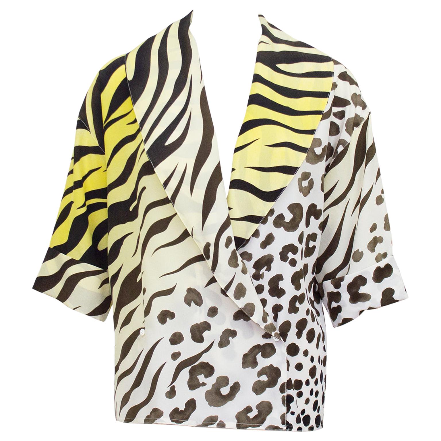 1990s Gianni Versace Couture Leopard and Tiger Print Short Sleeve Blouse 