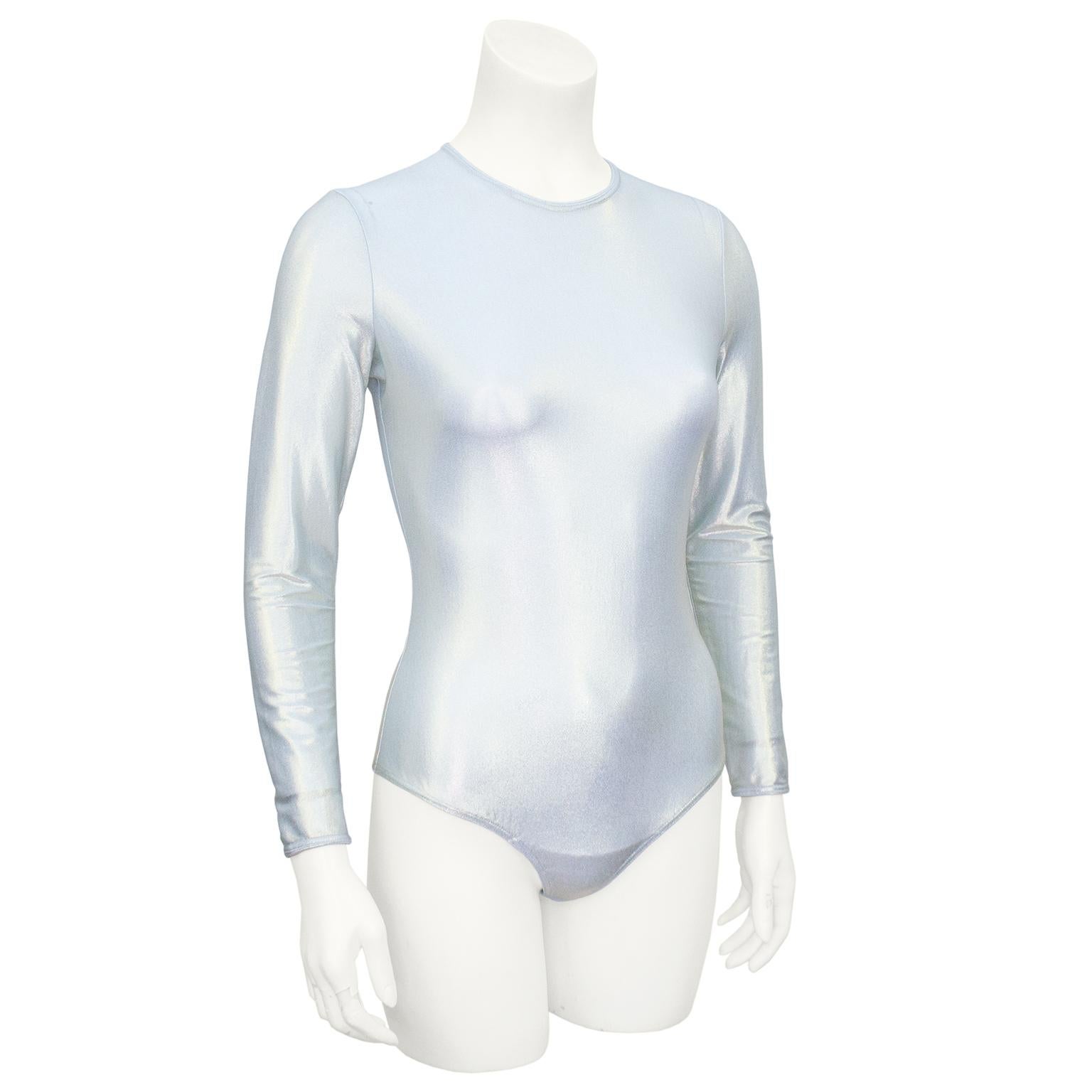 1990s Gianni Versace Couture bodysuit. Metallic iridescent pale blue lame with tonal top stitching. Fabric has lots of stretch. Round neckline, invisible zipper up centre back and hook and eyes at bottom. Excellent vintage condition. Fits like a US