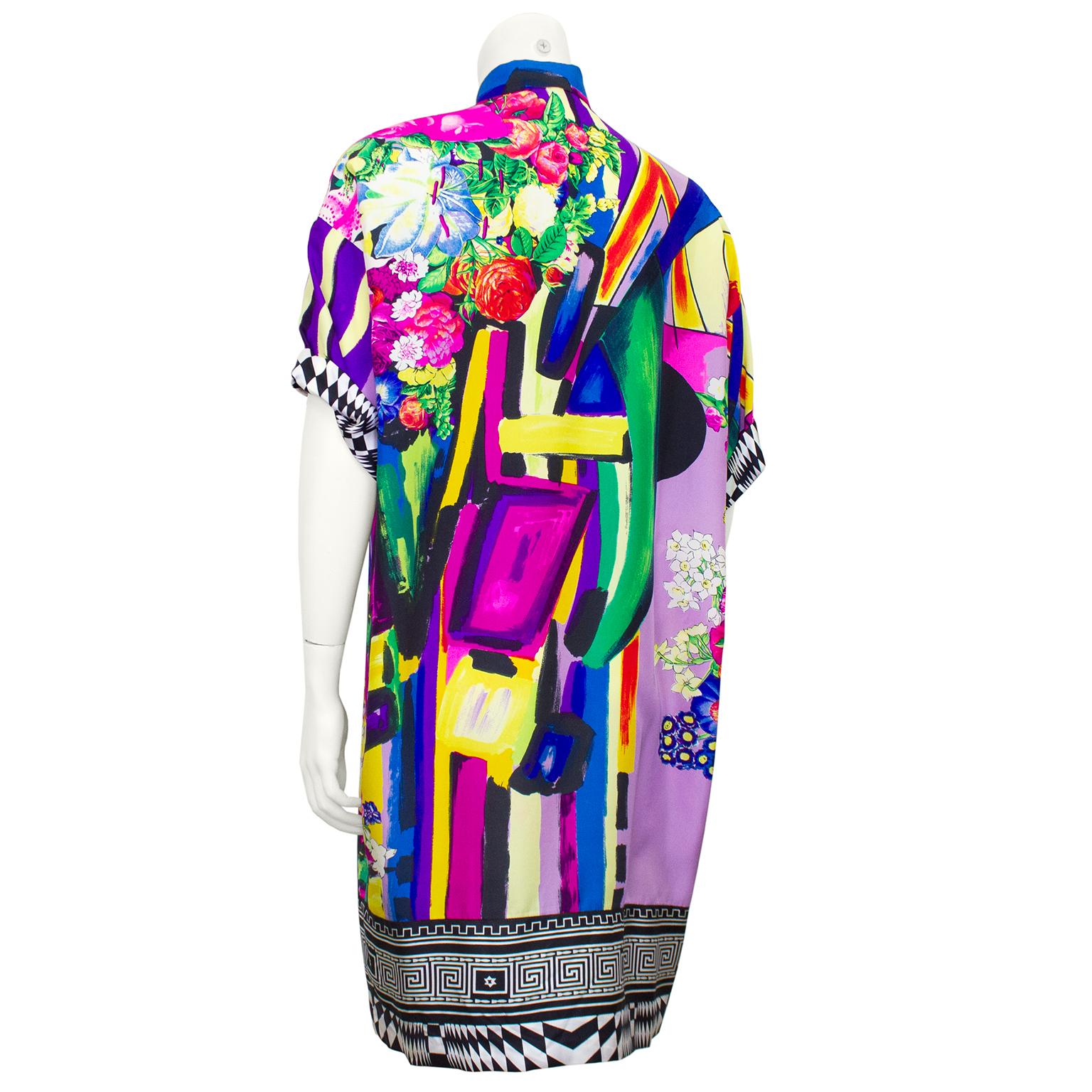 Beige Gianni Versace Couture anni '90, abito a camicia in seta multicolore in vendita
