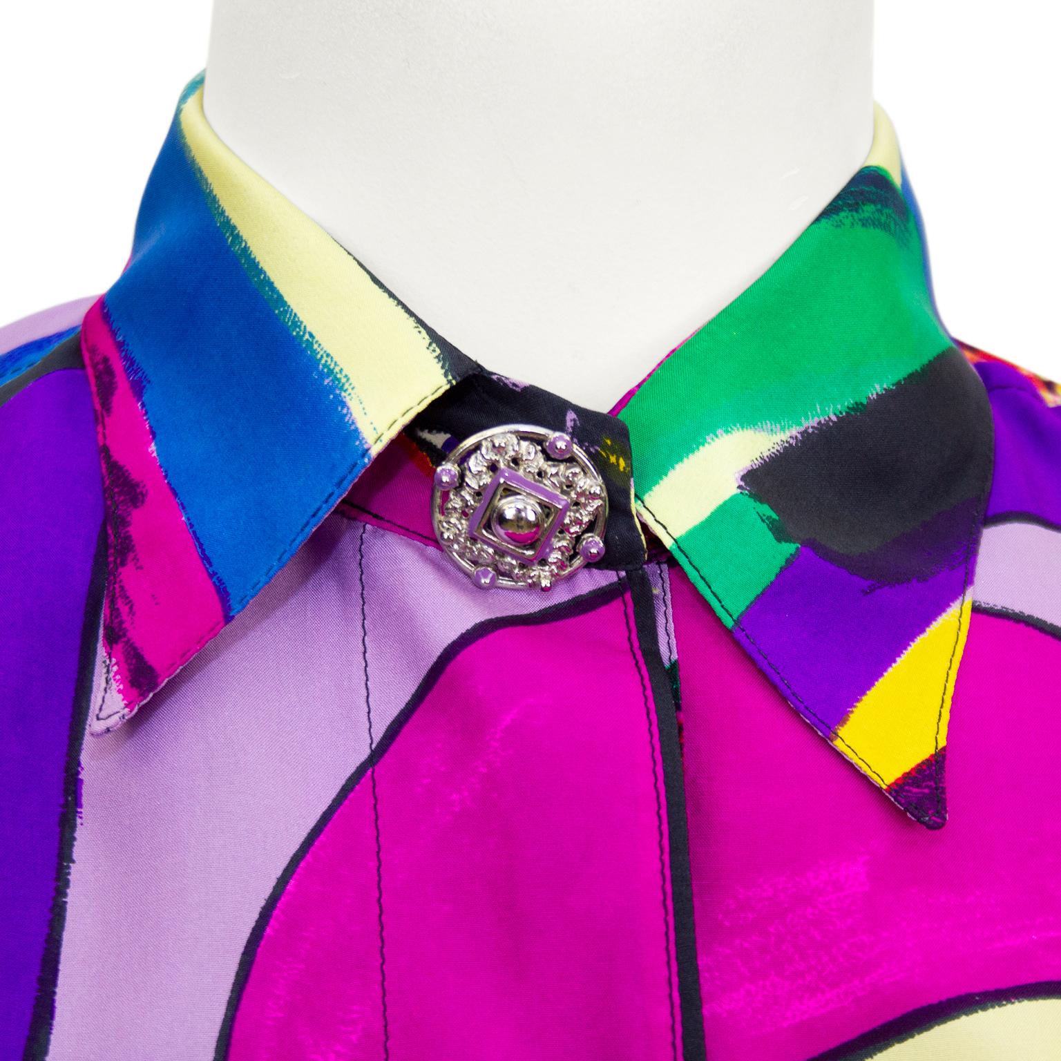 Beige 1990s Gianni Versace Couture Multi Colour Silk Shirt Dress  For Sale