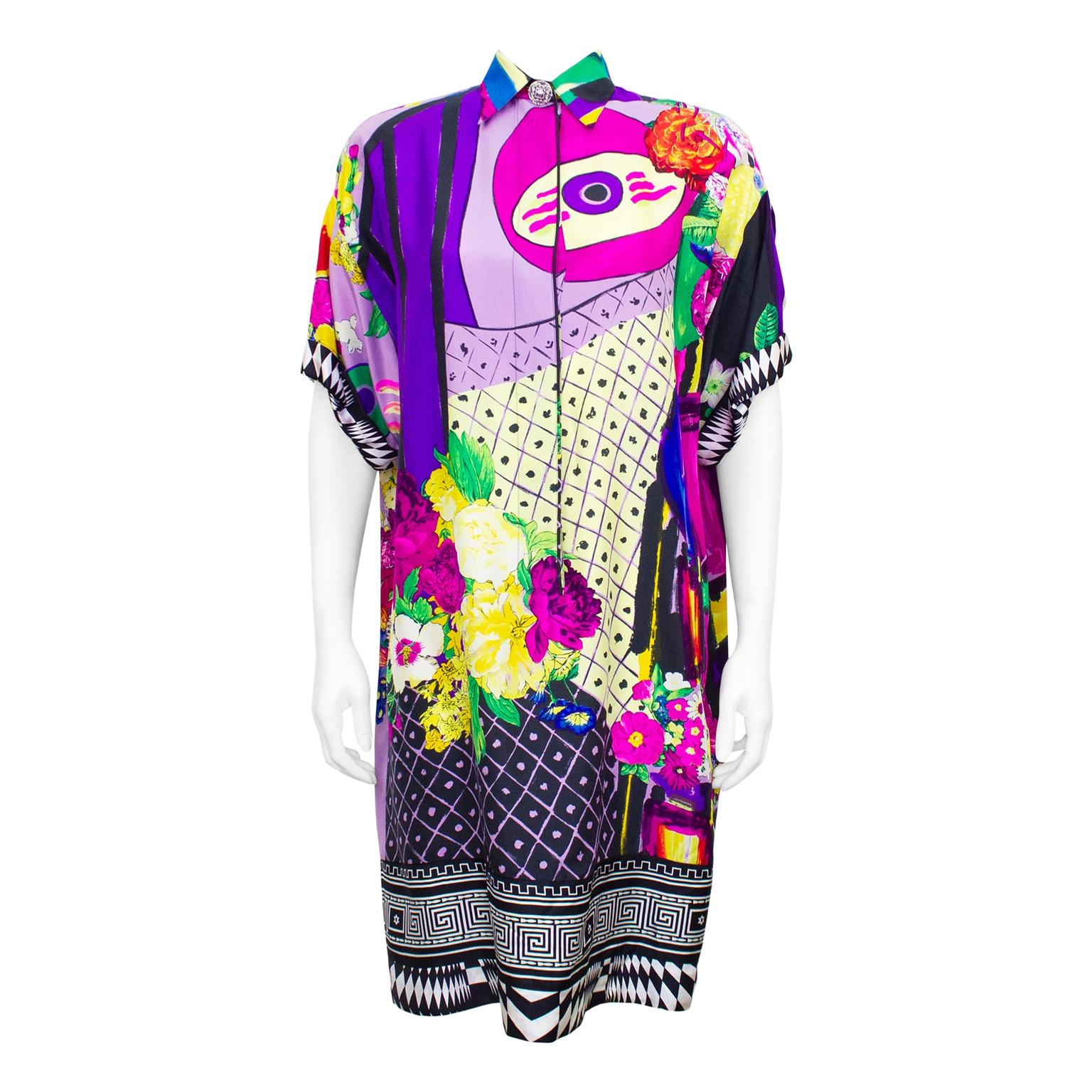 1990s Gianni Versace Couture Multi Colour Silk Shirt Dress  For Sale