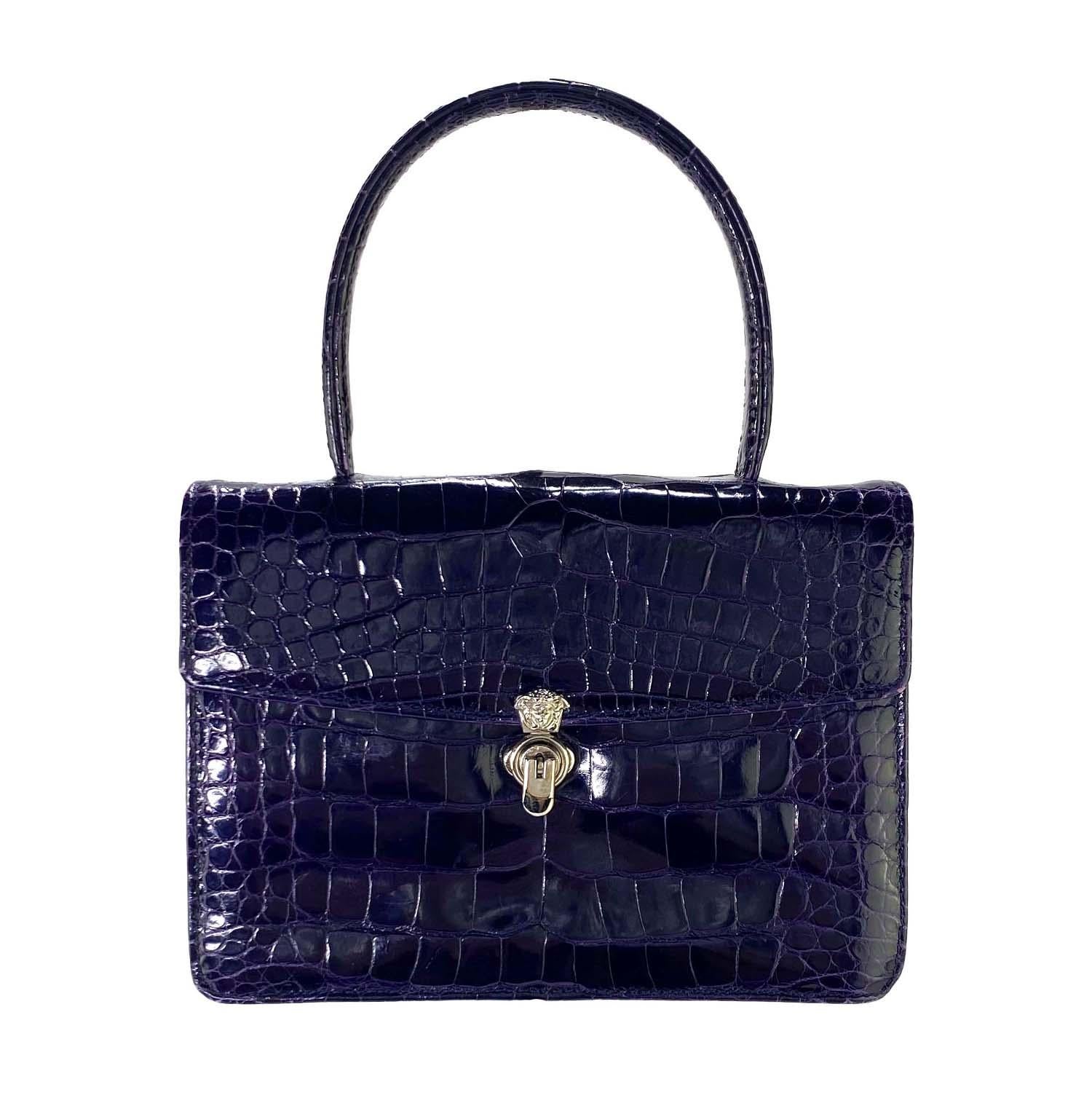 1990s Gianni Versace Couture Purple Crocodile Medusa Mini Top Handle Bag