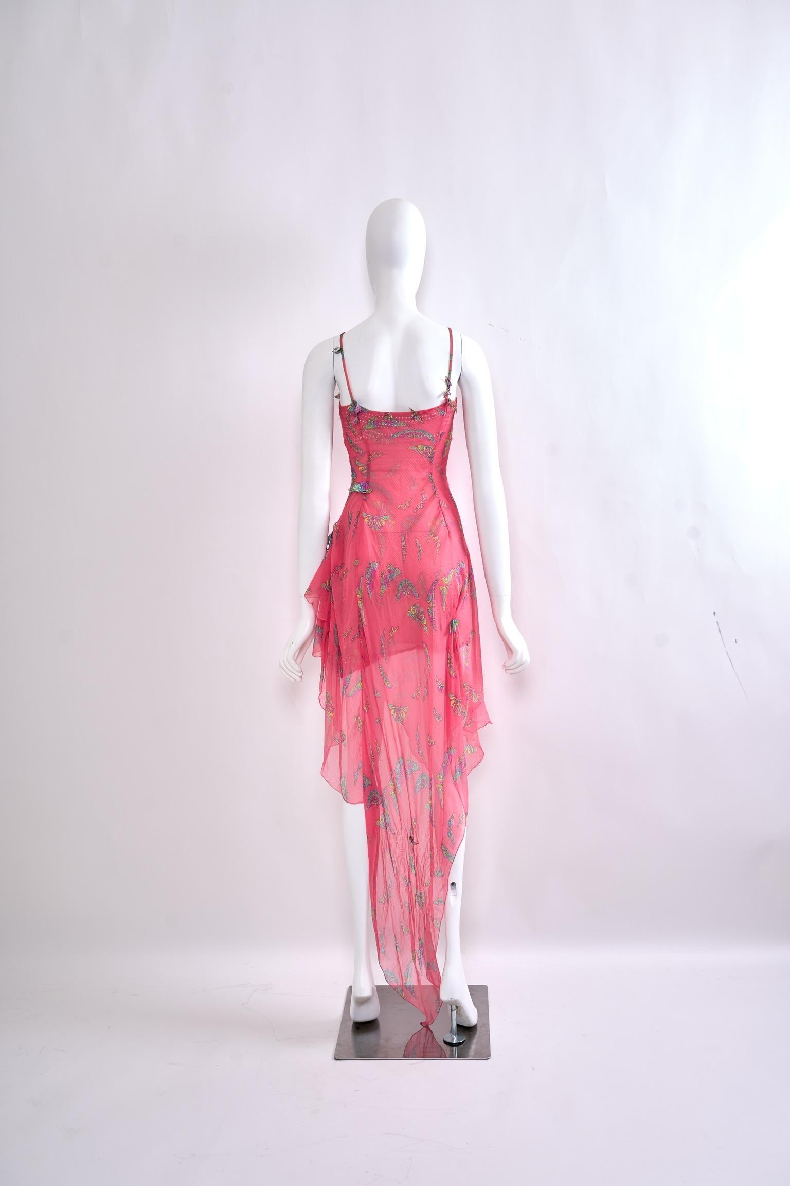 Pink 1990s Gianni Versace Couture Silk Chiffon Butterfly & Crystal For Sale