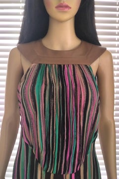 1990's Gianni Versace Couture Tan Leather Multi Color Silk Dress IT 46/ US 6 8
