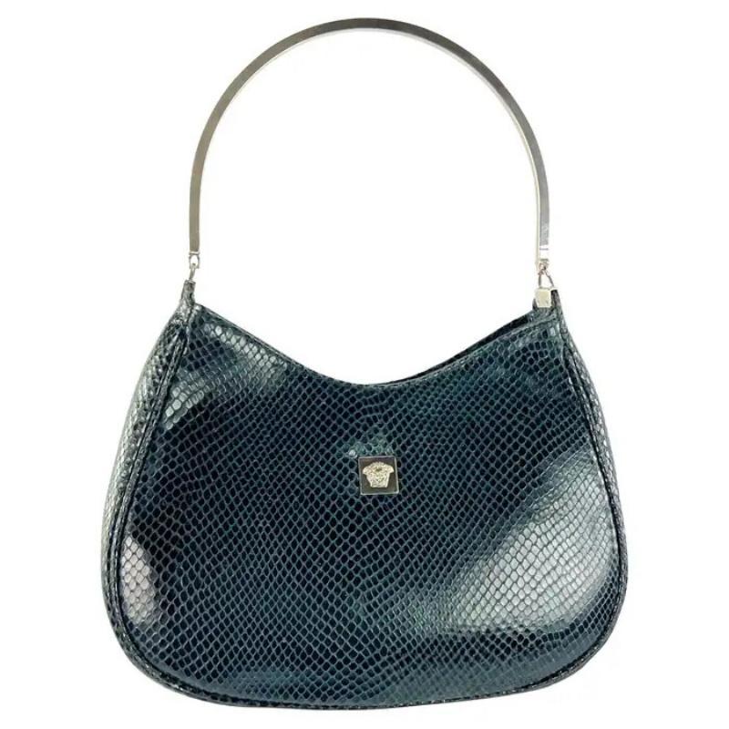 1990s Gianni Versace Couture Teal Python Metal Top Handle Shoulder Bag For Sale
