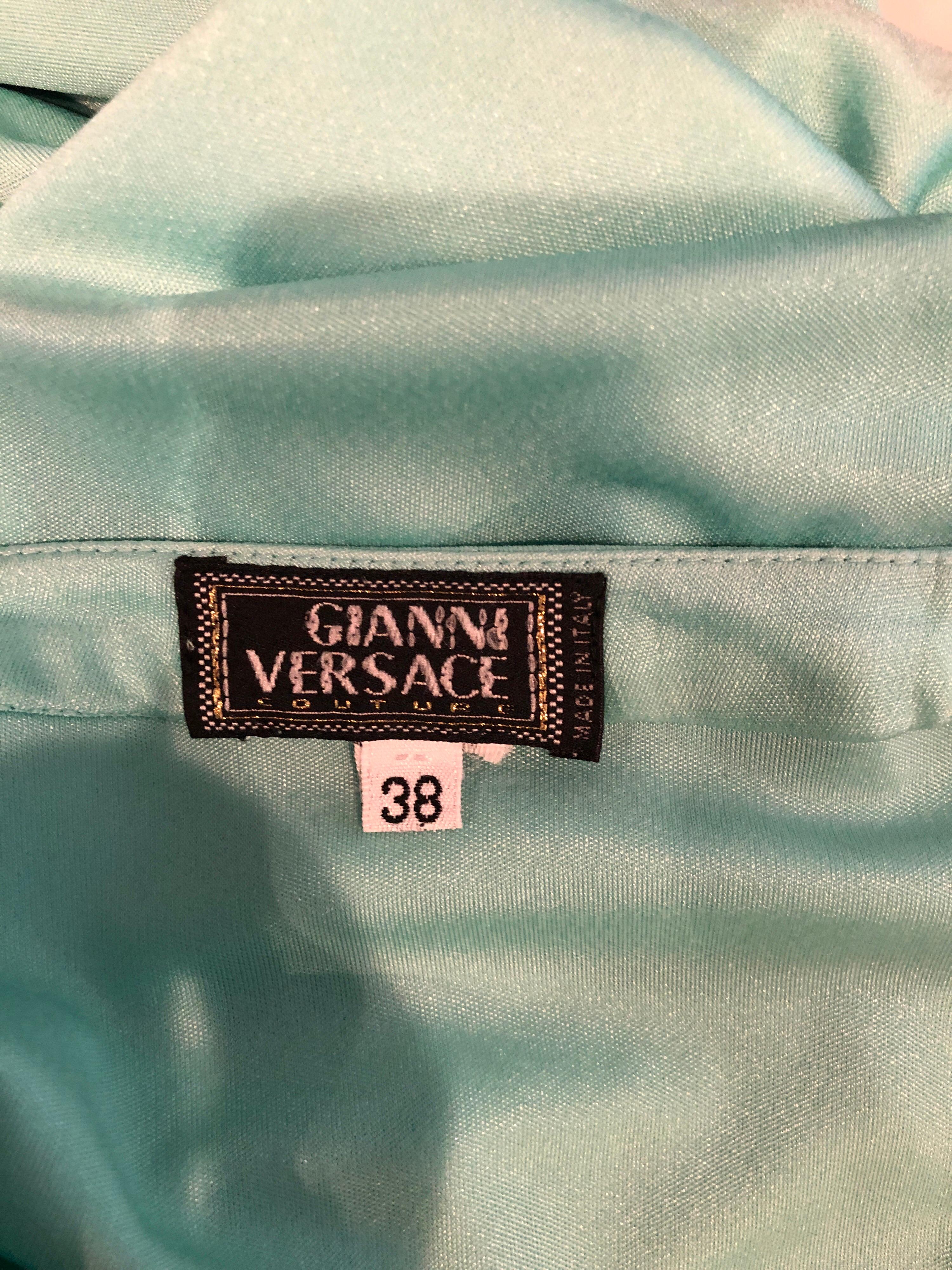 1990s Gianni Versace Couture Teal Turquoise Blue Silk Jersey Vintage 90s Skirt For Sale 7