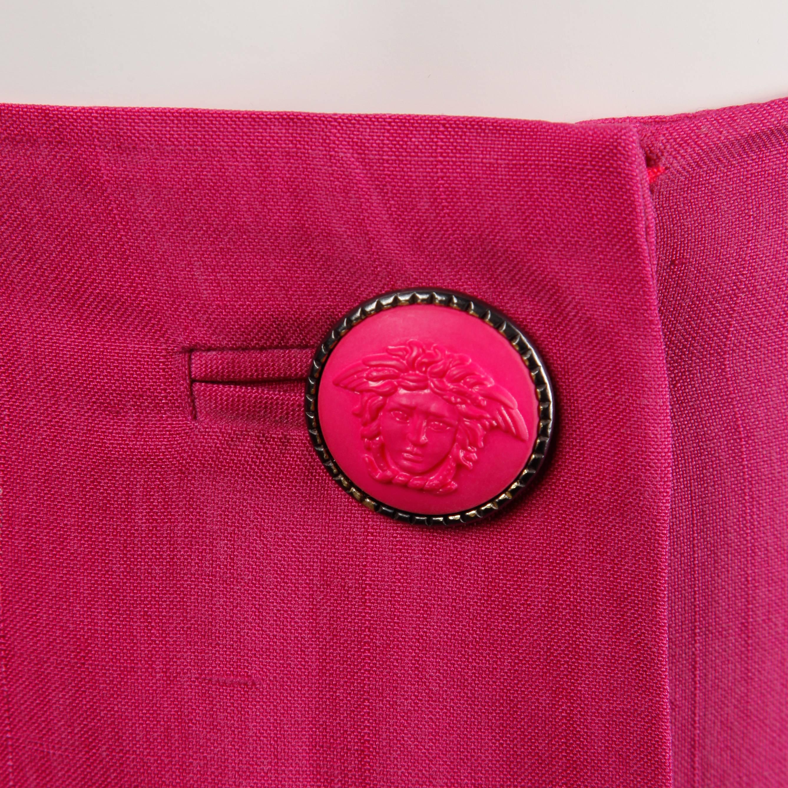Women's 1990s Gianni Versace Couture Vintage Hot Pink Silk Mini Skirt / Medusa Buttons