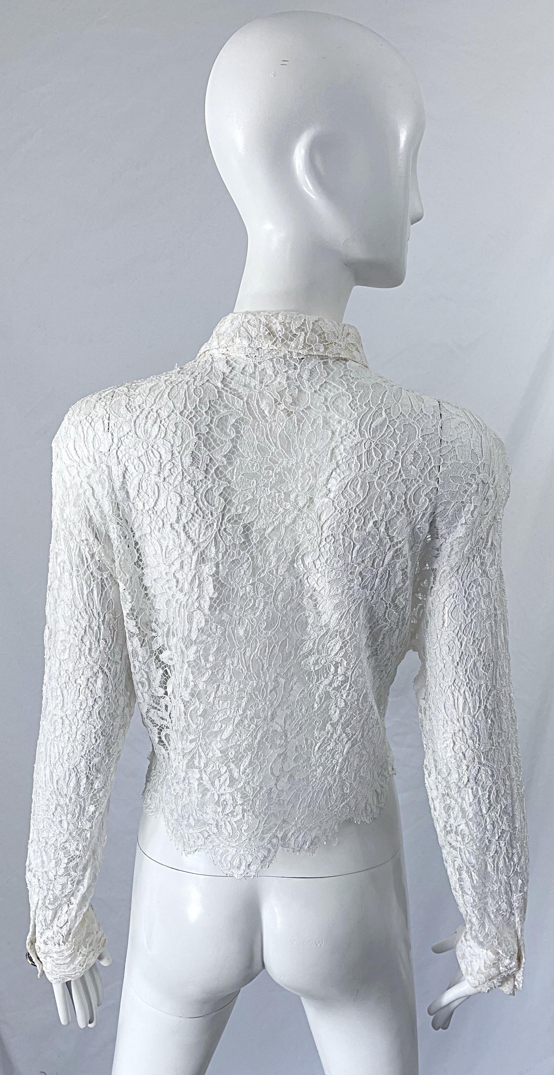1990s Gianni Versace Couture White Lace Medusa Buttons Size 44 8 / 10 Blouse Top 7
