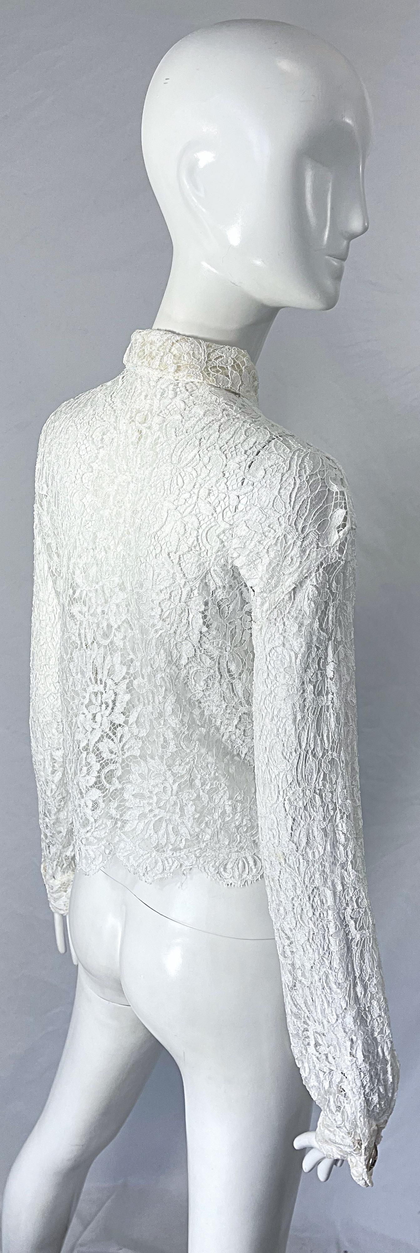 Gray 1990s Gianni Versace Couture White Lace Medusa Buttons Size 44 8 / 10 Blouse Top