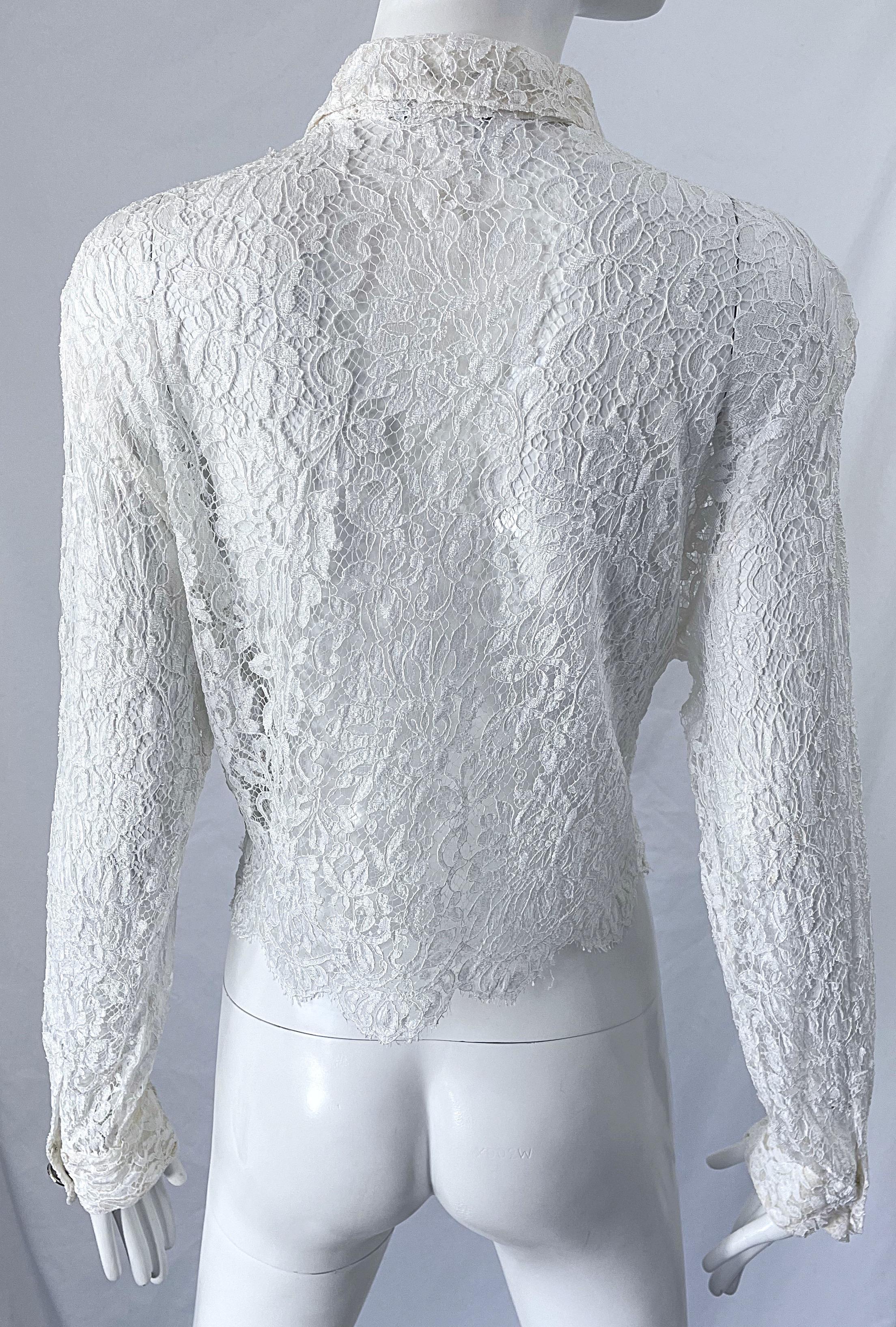 1990s Gianni Versace Couture White Lace Medusa Buttons Size 44 8 / 10 Blouse Top 1