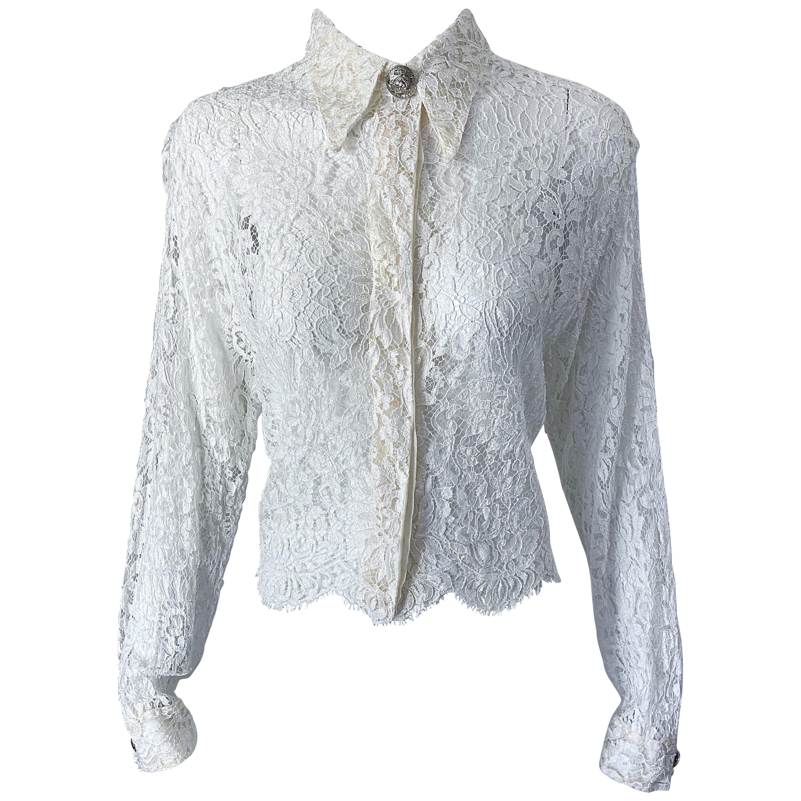 1990s Gianni Versace Couture White Lace Medusa Buttons Size 44 8 / 10 Blouse Top