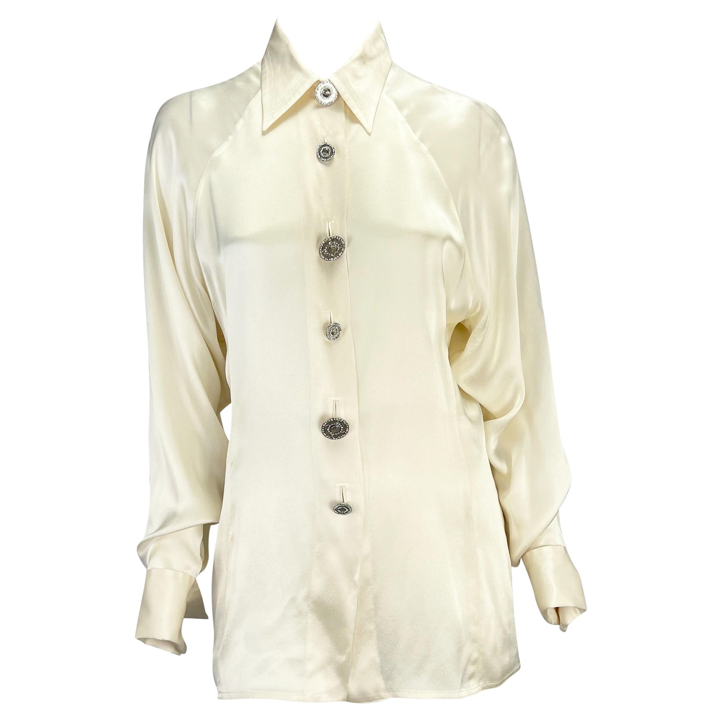 1990s Gianni Versace Couture White Rhinestone Medusa French Cuff Button Up Top For Sale