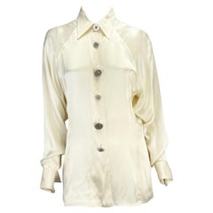 Vintage 1990s Gianni Versace Couture White Rhinestone Medusa French Cuff Button Up Top