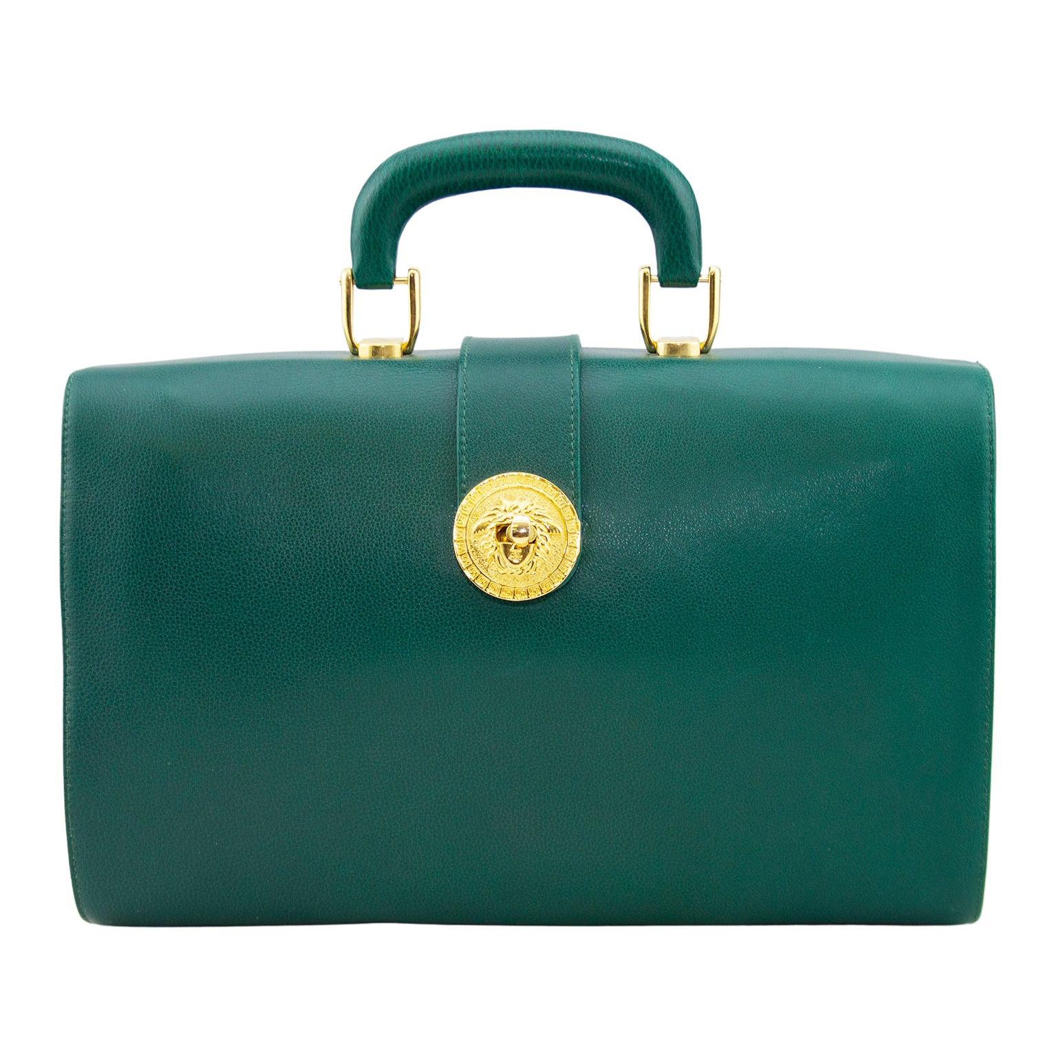 1990s Gianni Versace Dark Green Leather Travel Bag