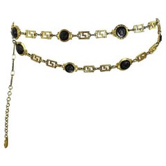 1990s Gianni Versace Double Chain Black Medusa Greek Key Gold Belt