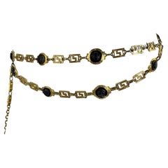 1990s Gianni Versace Double Chain Black Medusa Greek Key Gold Belt