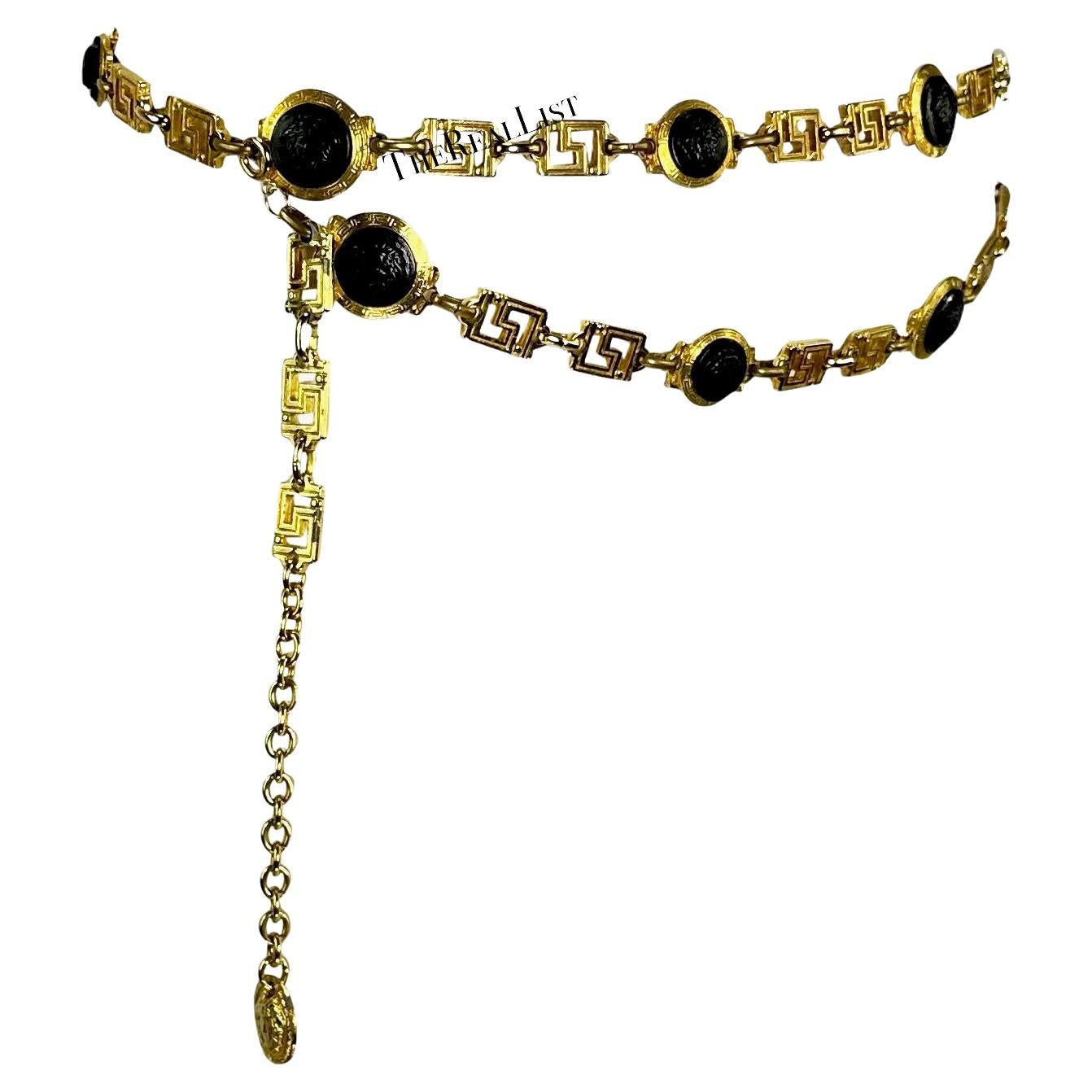 Beige 1990s Gianni Versace Double Chain Black Medusa Greek Key Gold Belt For Sale