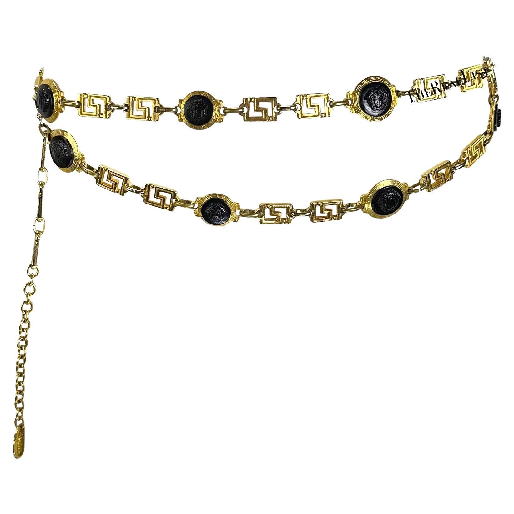 1990s Gianni Versace Double Chain Black Medusa Greek Key Gold Belt For Sale