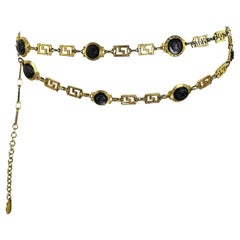 Retro 1990s Gianni Versace Double Chain Black Medusa Greek Key Gold Belt