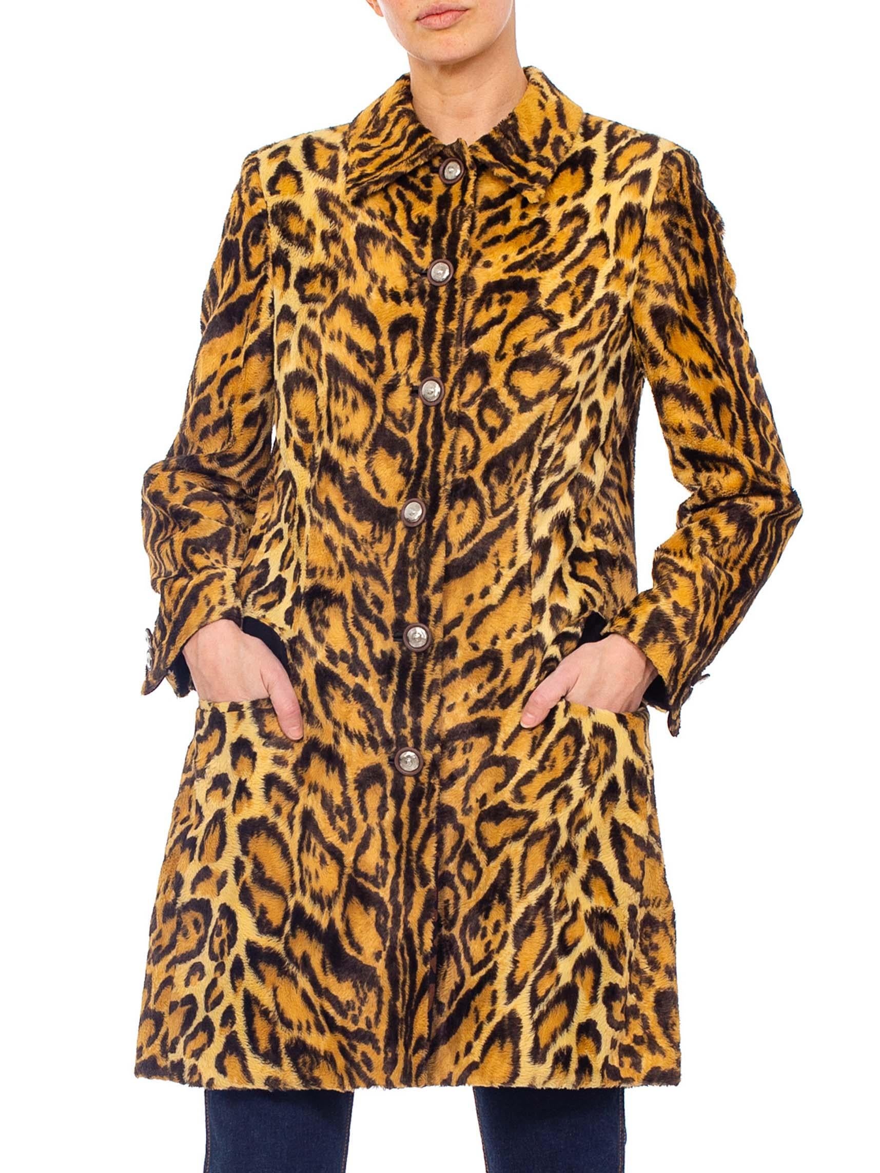 Brown 1990'S GIANNI VERSACE Leopard Print Faux Fur Velvety Coat