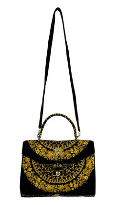 1990s Gianni Versace Gold Baroque Atelier Pattern Black Velvet Top Handle Bag