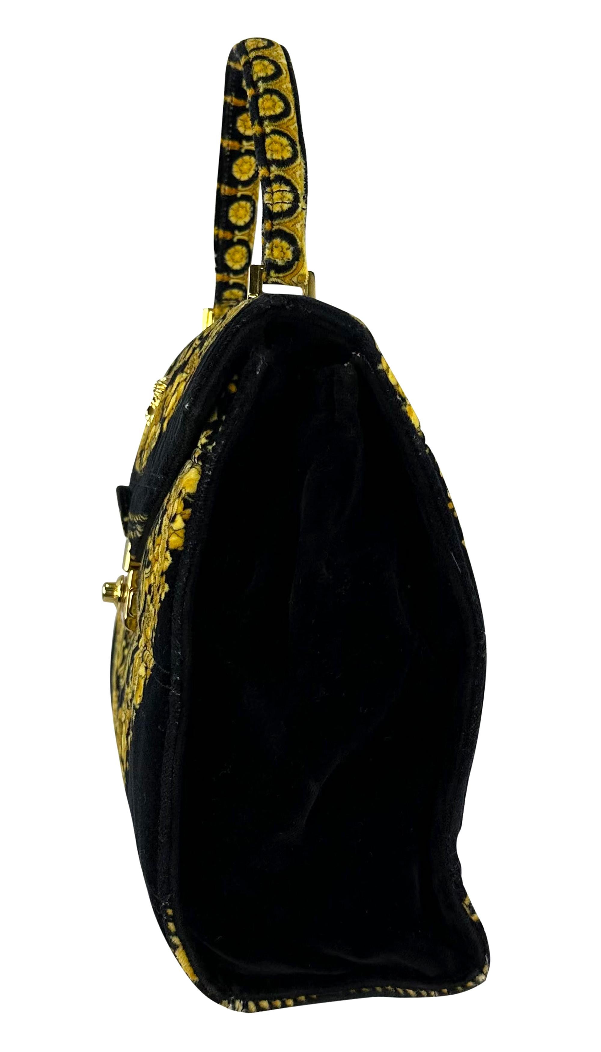 Women's 1990s Gianni Versace Gold Baroque Atelier Pattern Black Velvet Top Handle Bag For Sale
