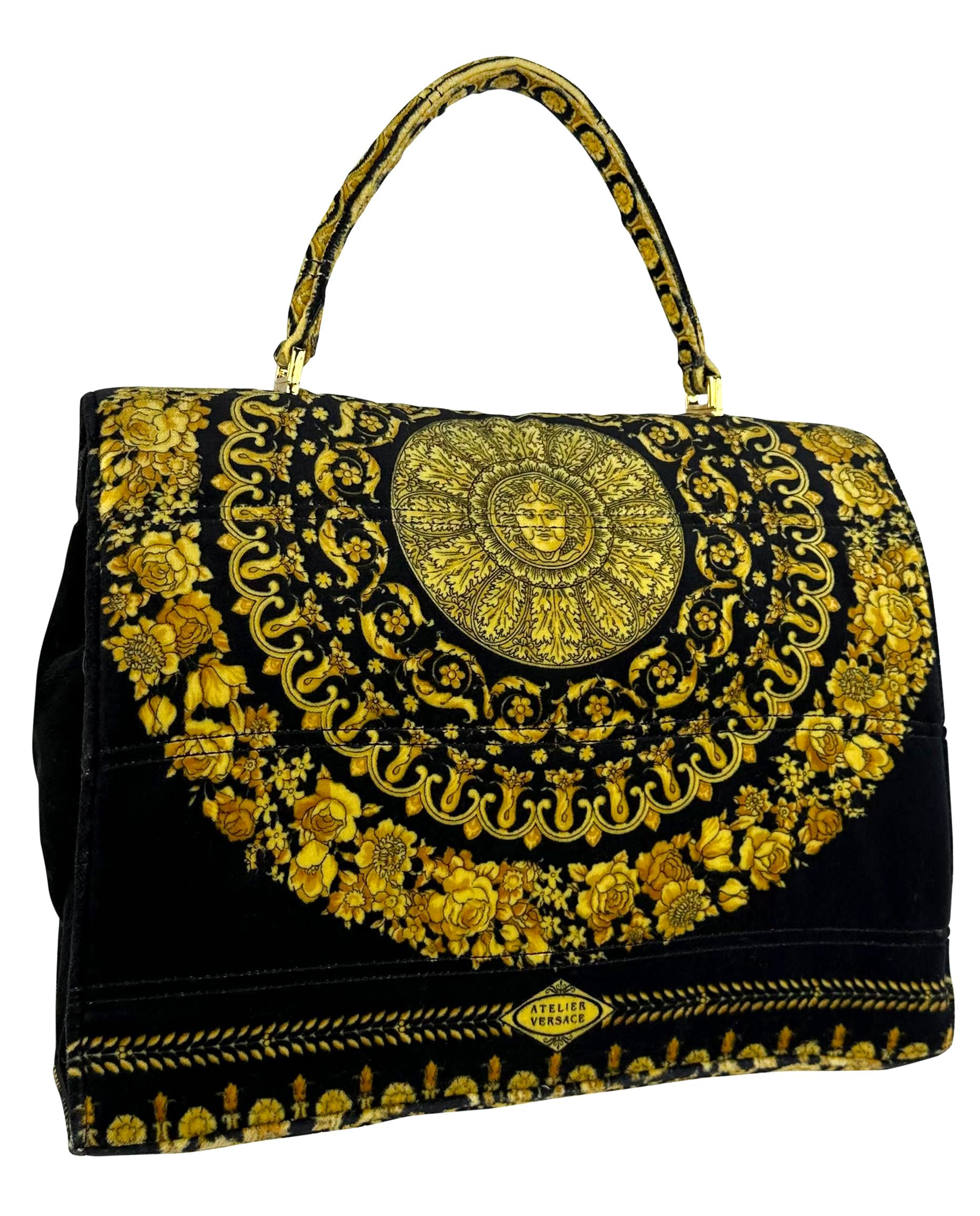 1990s Gianni Versace Gold Baroque Atelier Pattern Black Velvet Top Handle Bag For Sale 1