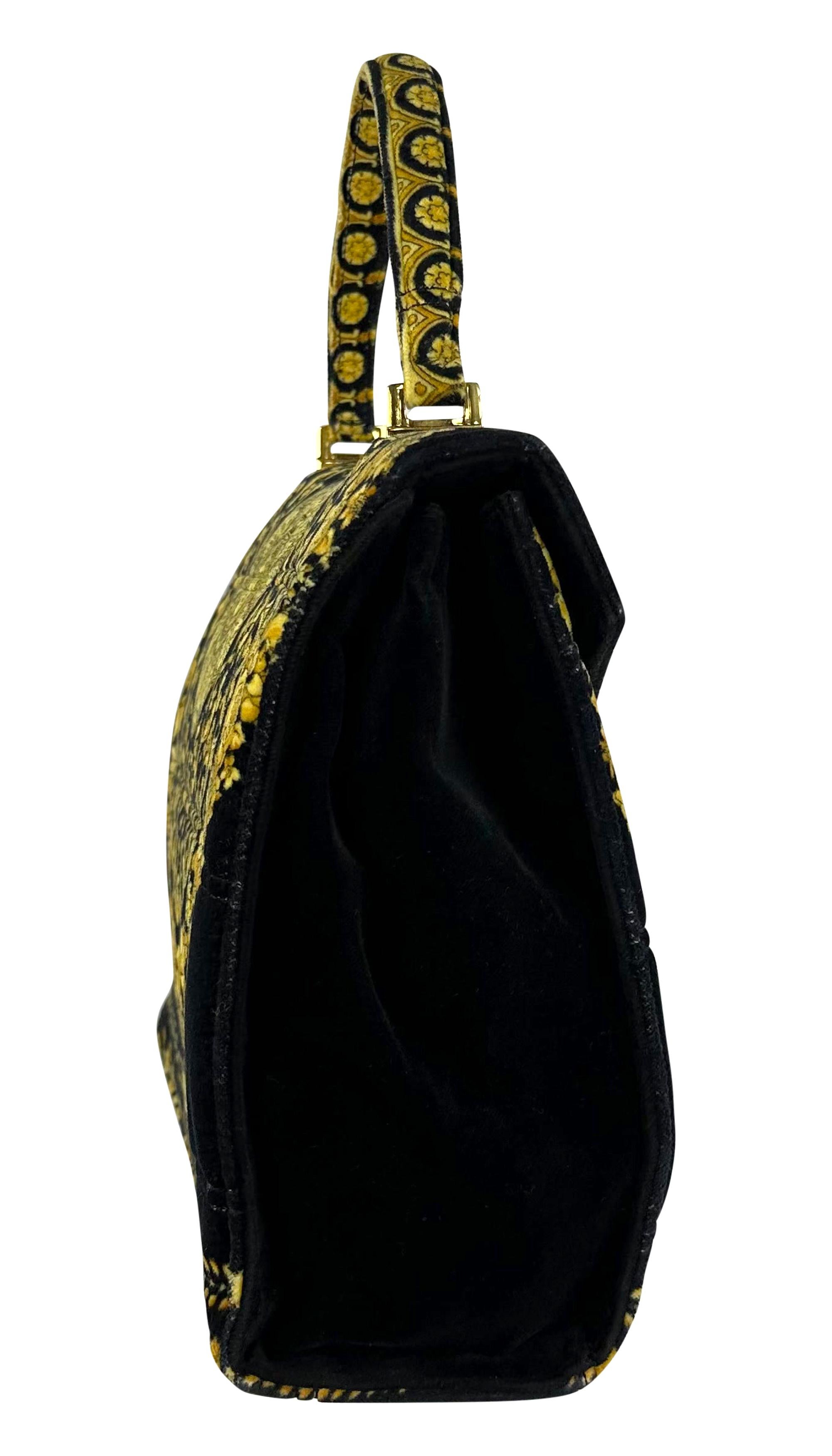 1990s Gianni Versace Gold Baroque Atelier Pattern Black Velvet Top Handle Bag For Sale 2