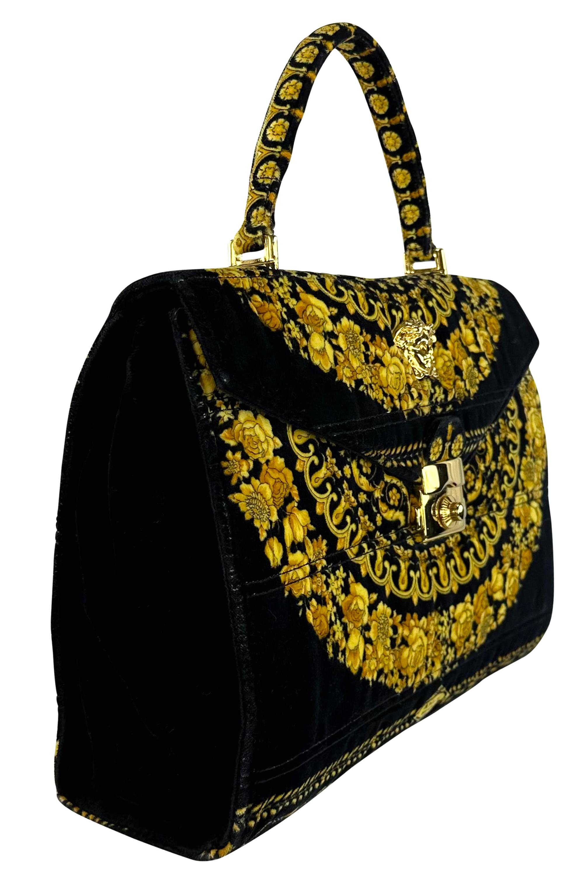 1990s Gianni Versace Gold Baroque Atelier Pattern Black Velvet Top Handle Bag For Sale 3