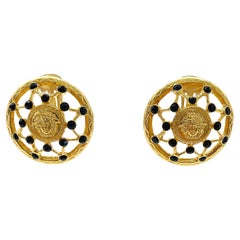 1990s Gianni Versace Gold + Black Medusa Logo Head Vintage 90s Clip On Earrings
