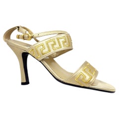1990's Gianni Versace Gold Greca Sandal Heels Women's Shoes Vintage 36