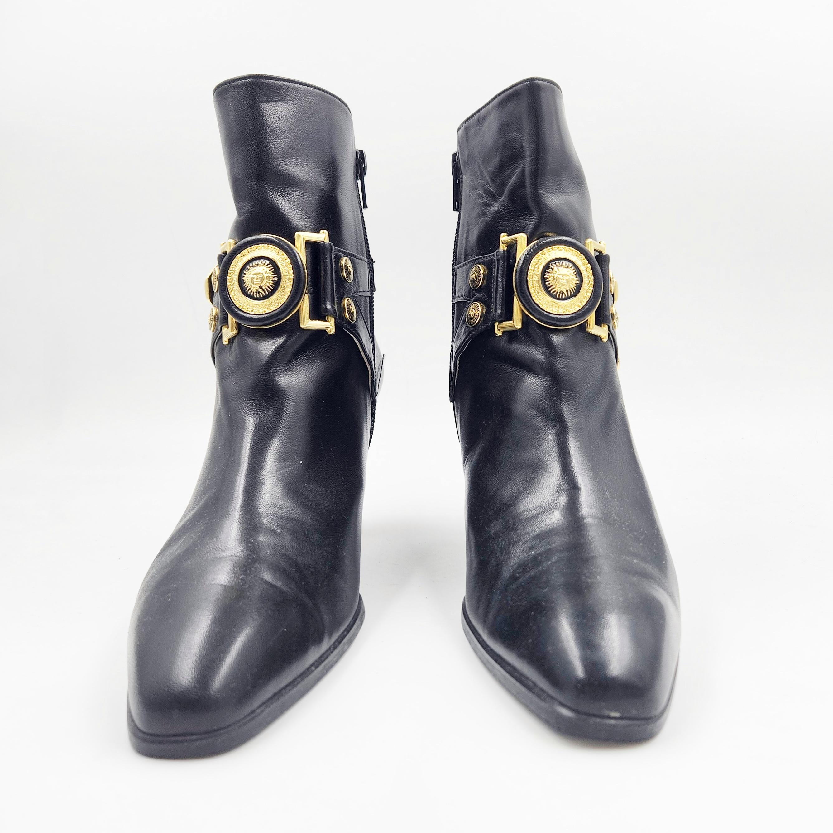 Black 1990's Gianni Versace Gold Medallion Sun Women's Shoes Vintage 36 Ankle Boots For Sale